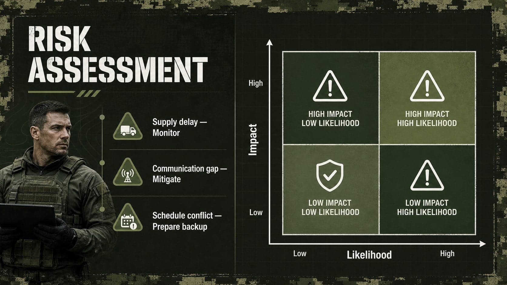 Defense project planning slide presenting a green-and-white risk matrix with mitigation actions.