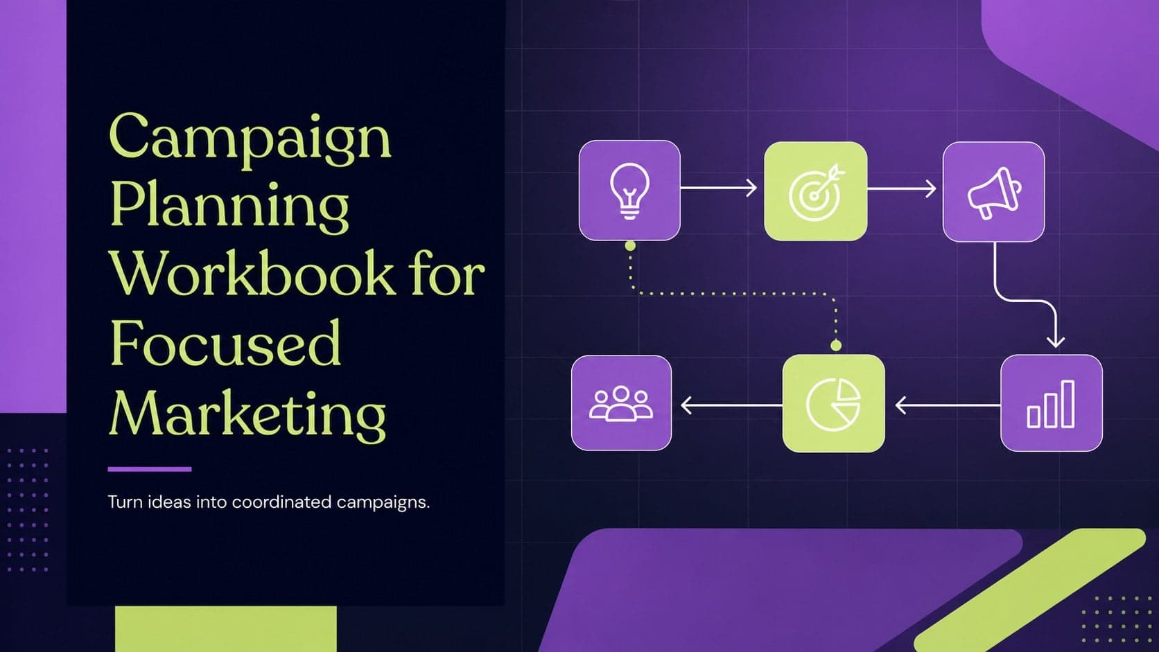 Cover slide for a campaign planning workbook with a modern purple, green, and black marketing strategy layout.
