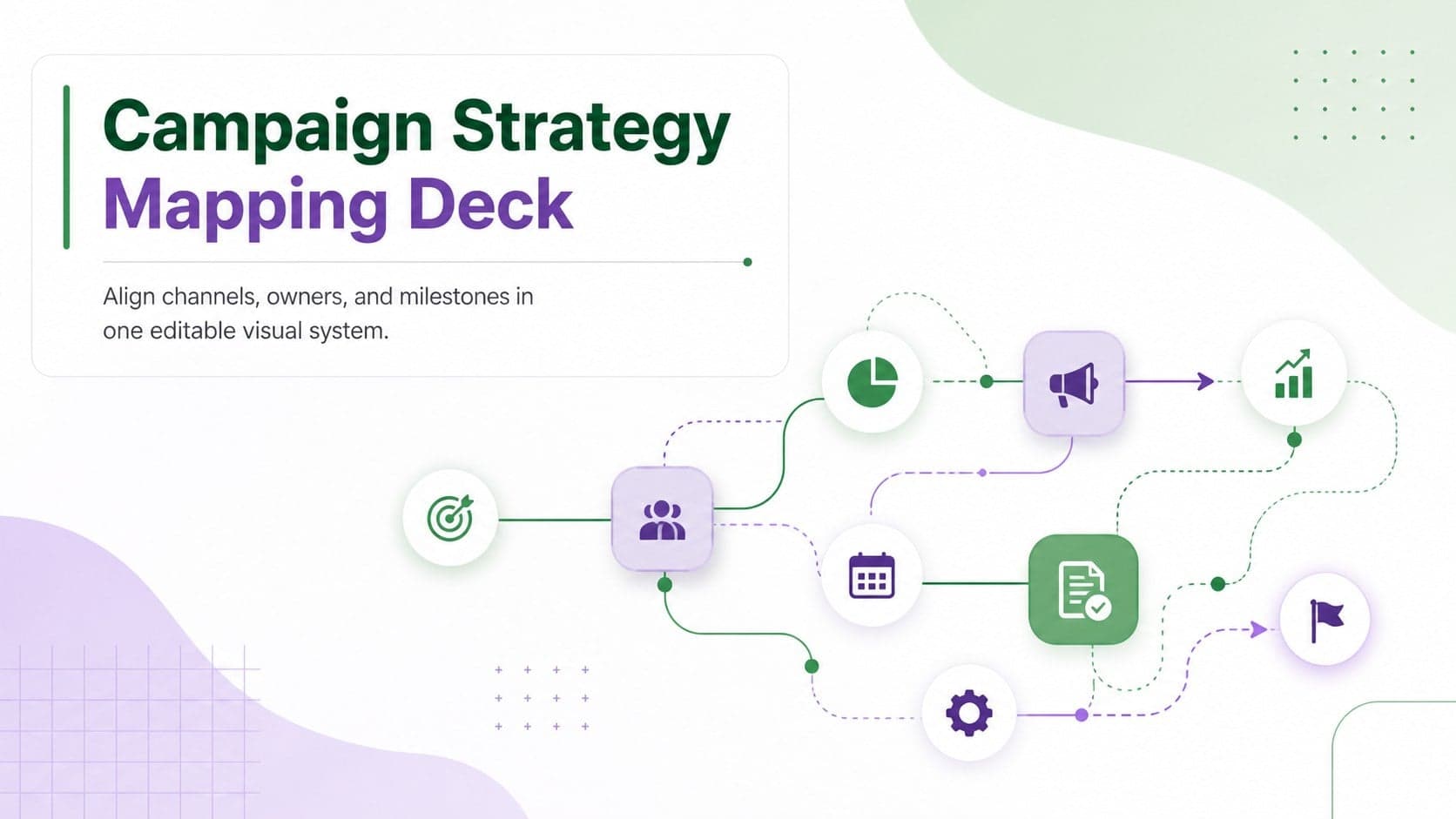 Cover of a campaign strategy mapping deck with connected campaign nodes in a professional green, purple, and white design.
