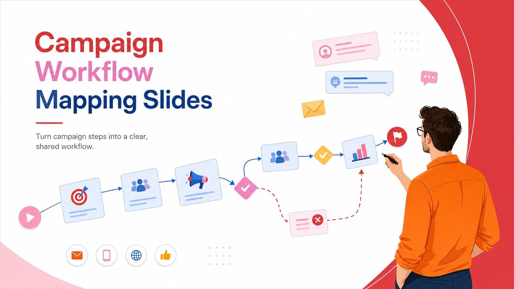 Cover for Campaign Workflow Mapping Slides with colorful process symbols and a bold campaign planning headline.