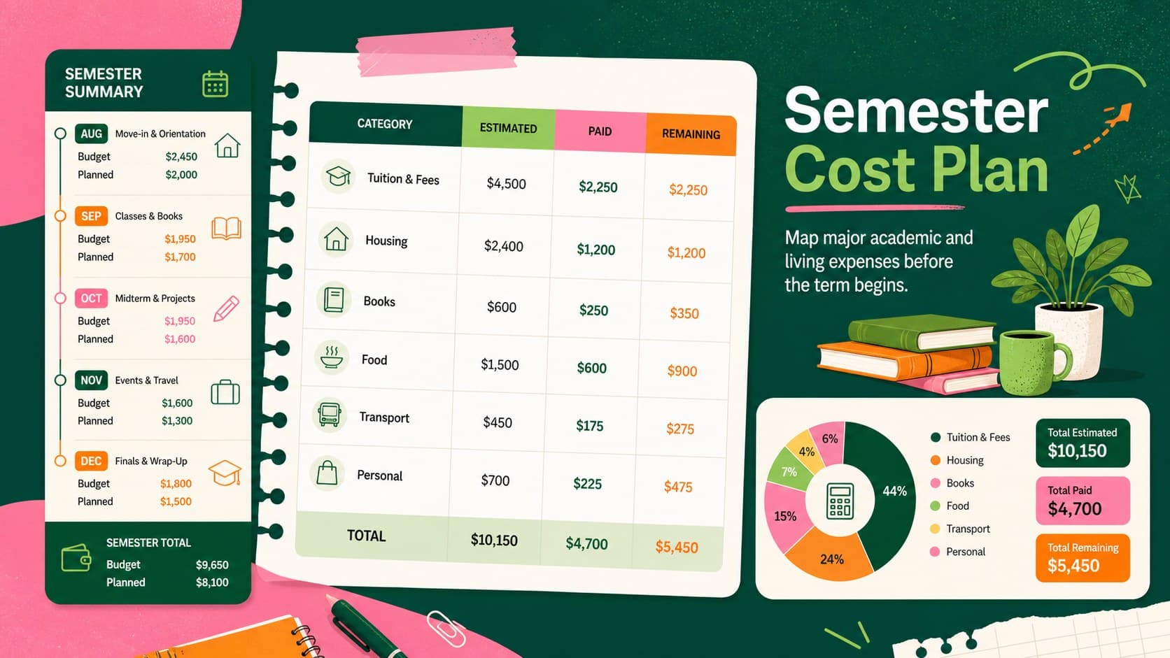 University spending planner spreadsheet with a semester cost breakdown for tuition, housing, books, and daily needs.
