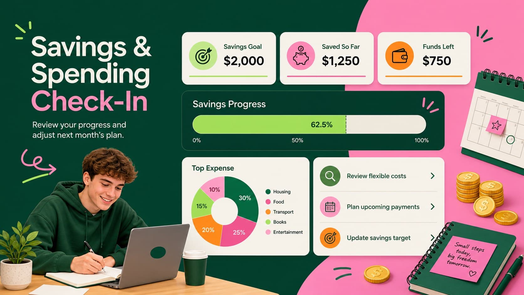 Campus expense organizer savings check-in with a goal tracker, category chart, and remaining funds summary.