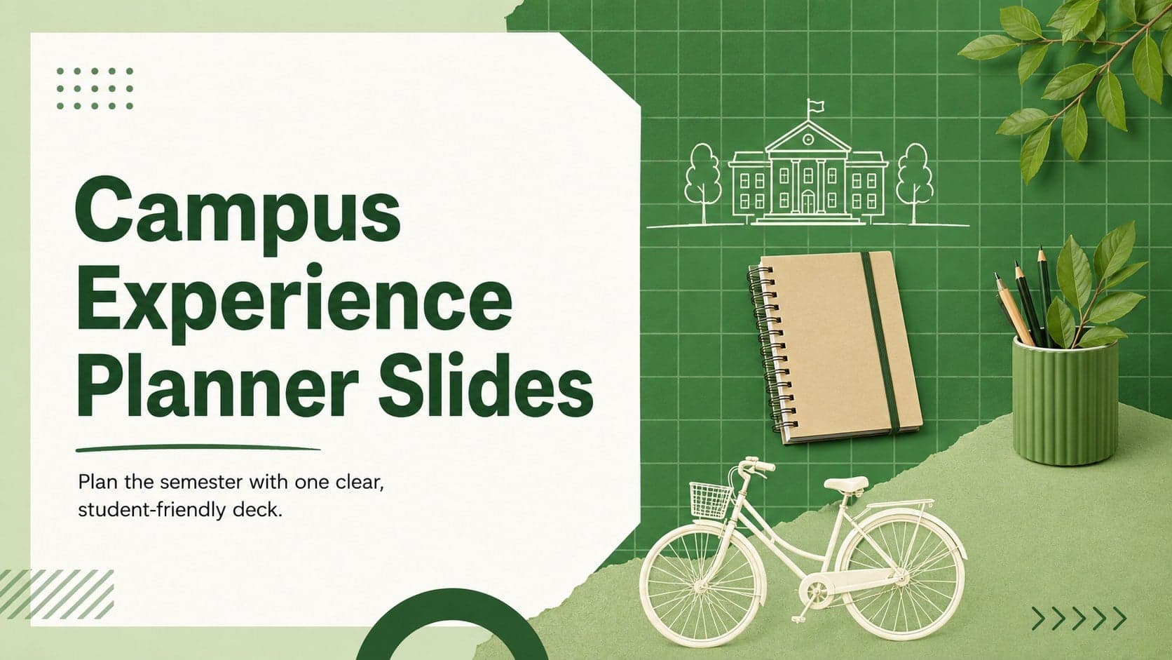 Cover of the Campus Experience Planner Slides with green grids and playful university-themed doodles.