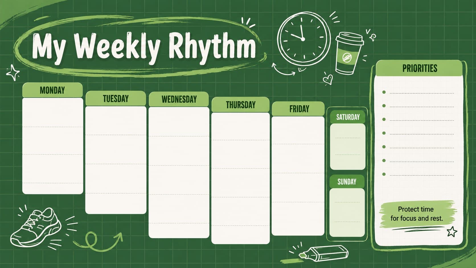 Weekly student planner layout with class, study, activity, and personal time blocks.