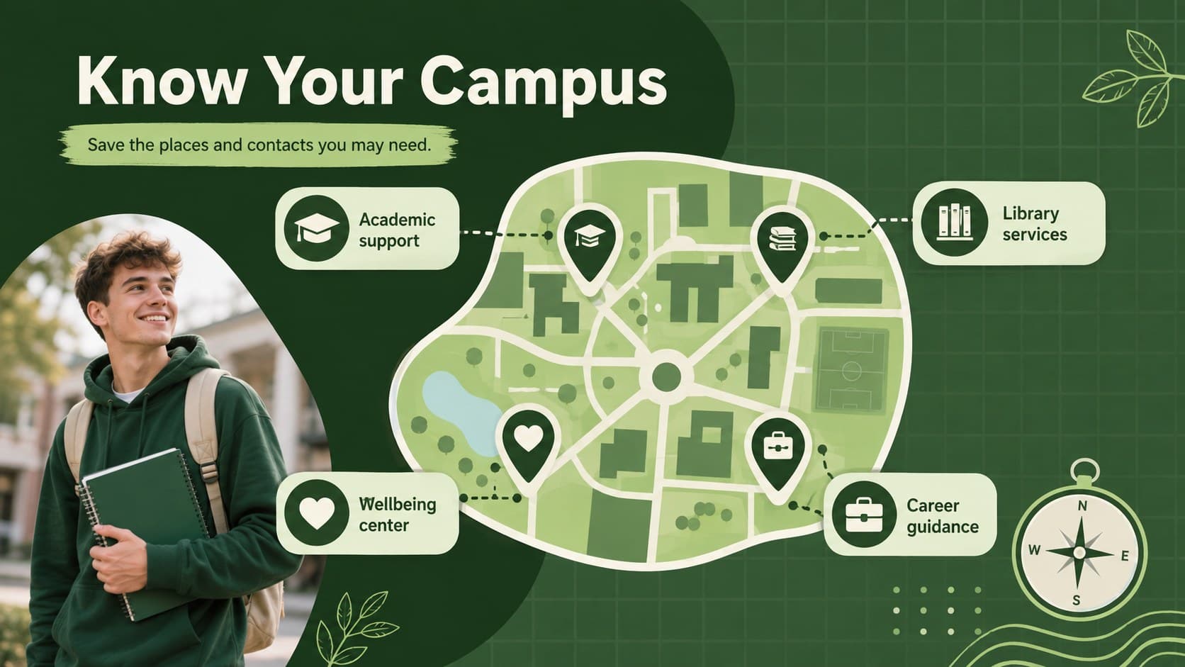 Campus resources guide with academic support, library, wellbeing, and career service sections.