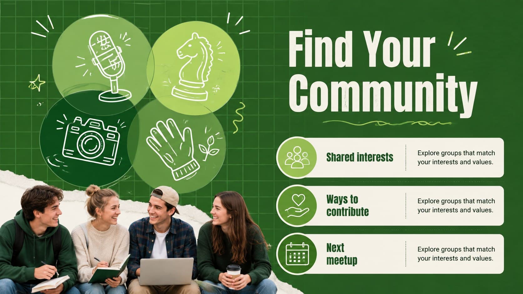 College club meeting presentation layout featuring interests, roles, and upcoming activities.