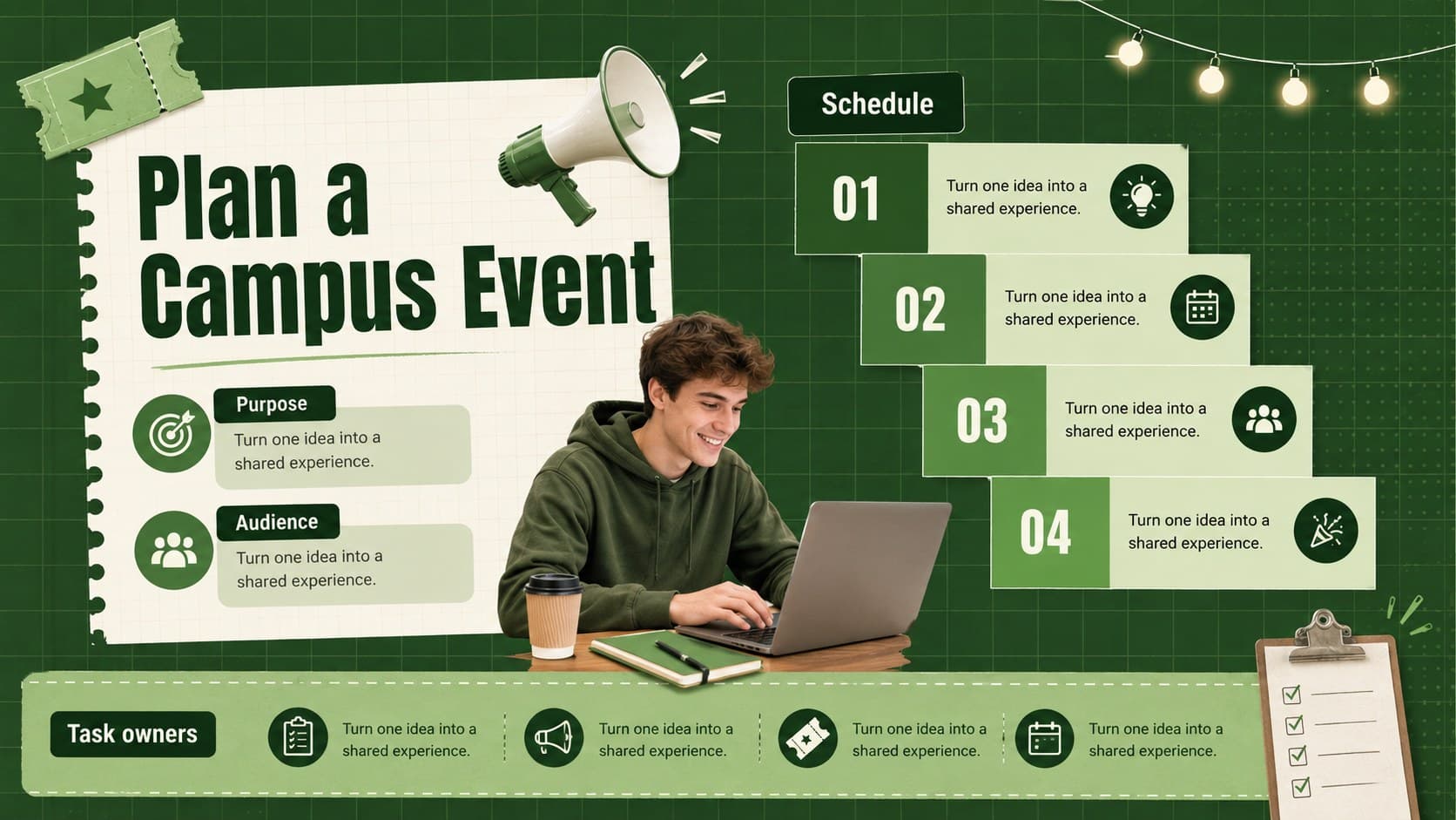 Campus event planning slide with purpose, audience, schedule, and task sections.