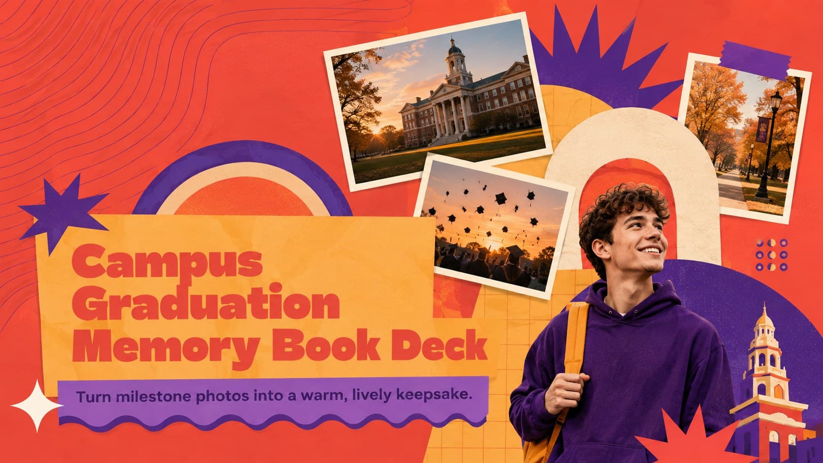 Cover of the Campus Graduation Memory Book Deck in a vibrant red, purple, and orange retro collage style.