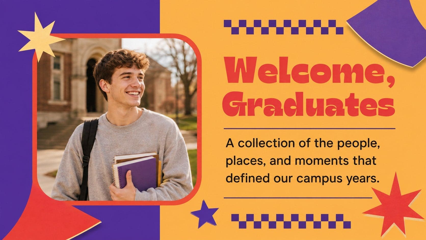 Retro graduation memory book welcome slide introducing a graduating class and its shared campus story.