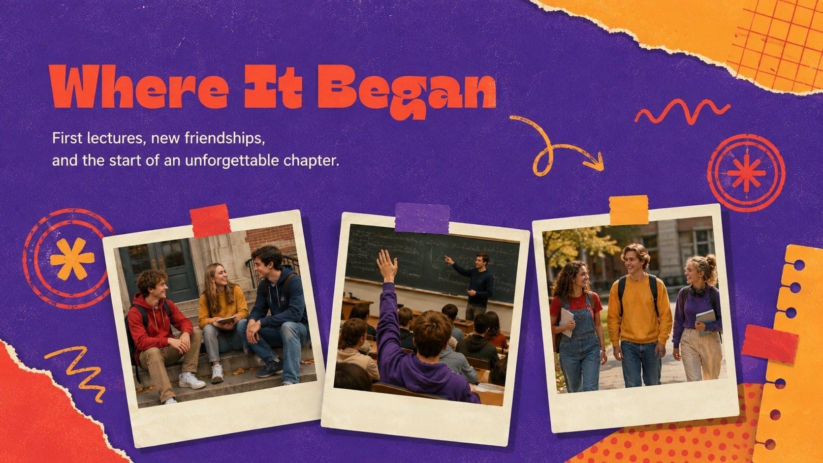 College senior photo album template page featuring three freshman-year campus snapshots.