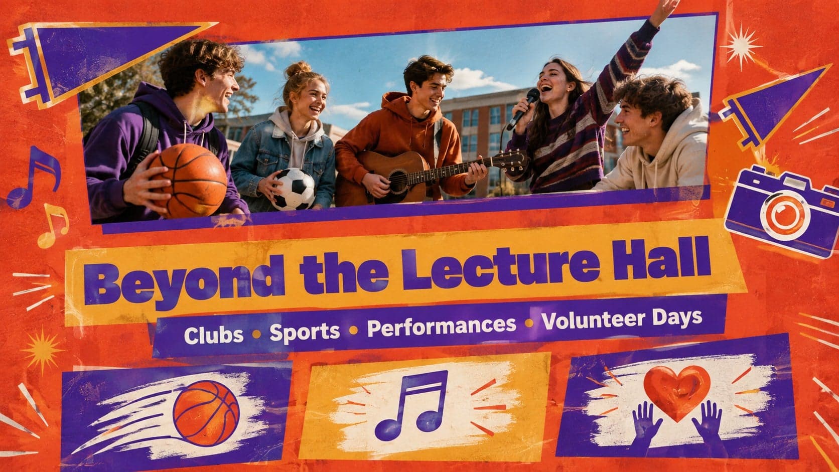 Retro university farewell photo deck page highlighting clubs, sports, and creative campus activities.