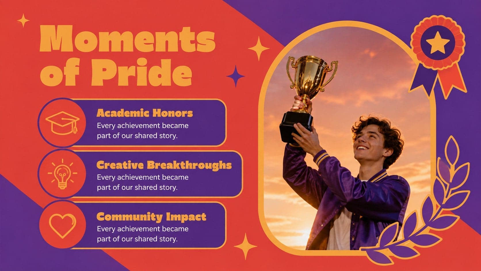 Editable college memory book slide celebrating academic awards and student achievements.