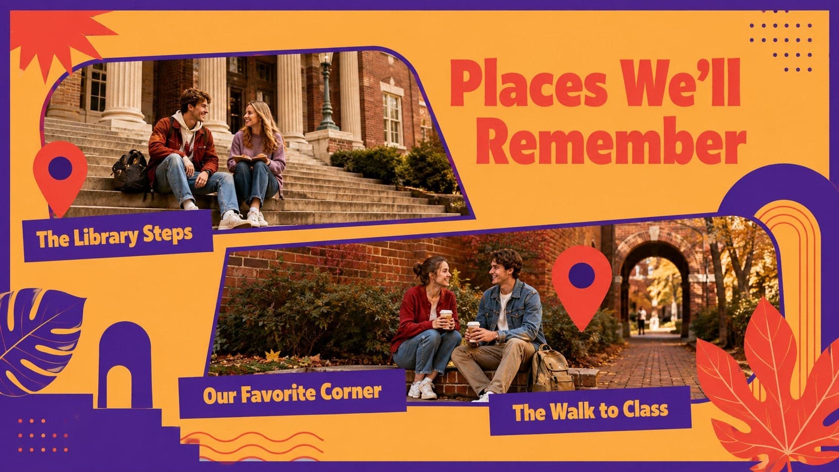 Nostalgic campus photo presentation page featuring memorable university locations and short captions.