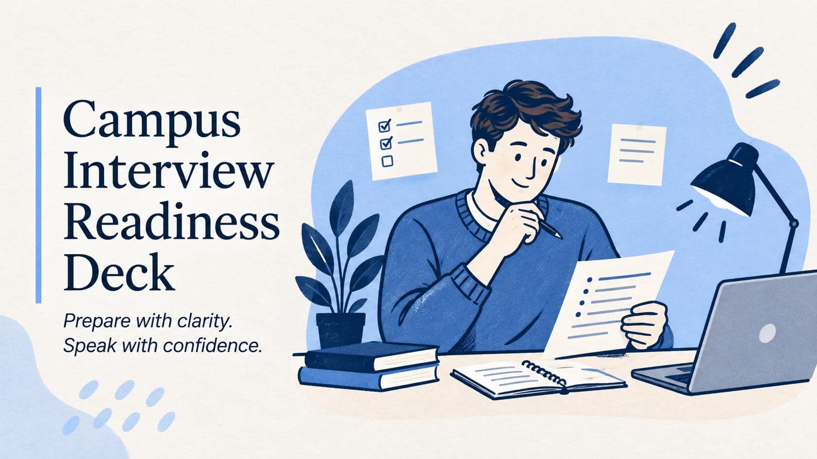 Cover slide for a campus interview readiness deck with beige and blue illustrated admissions preparation visuals.