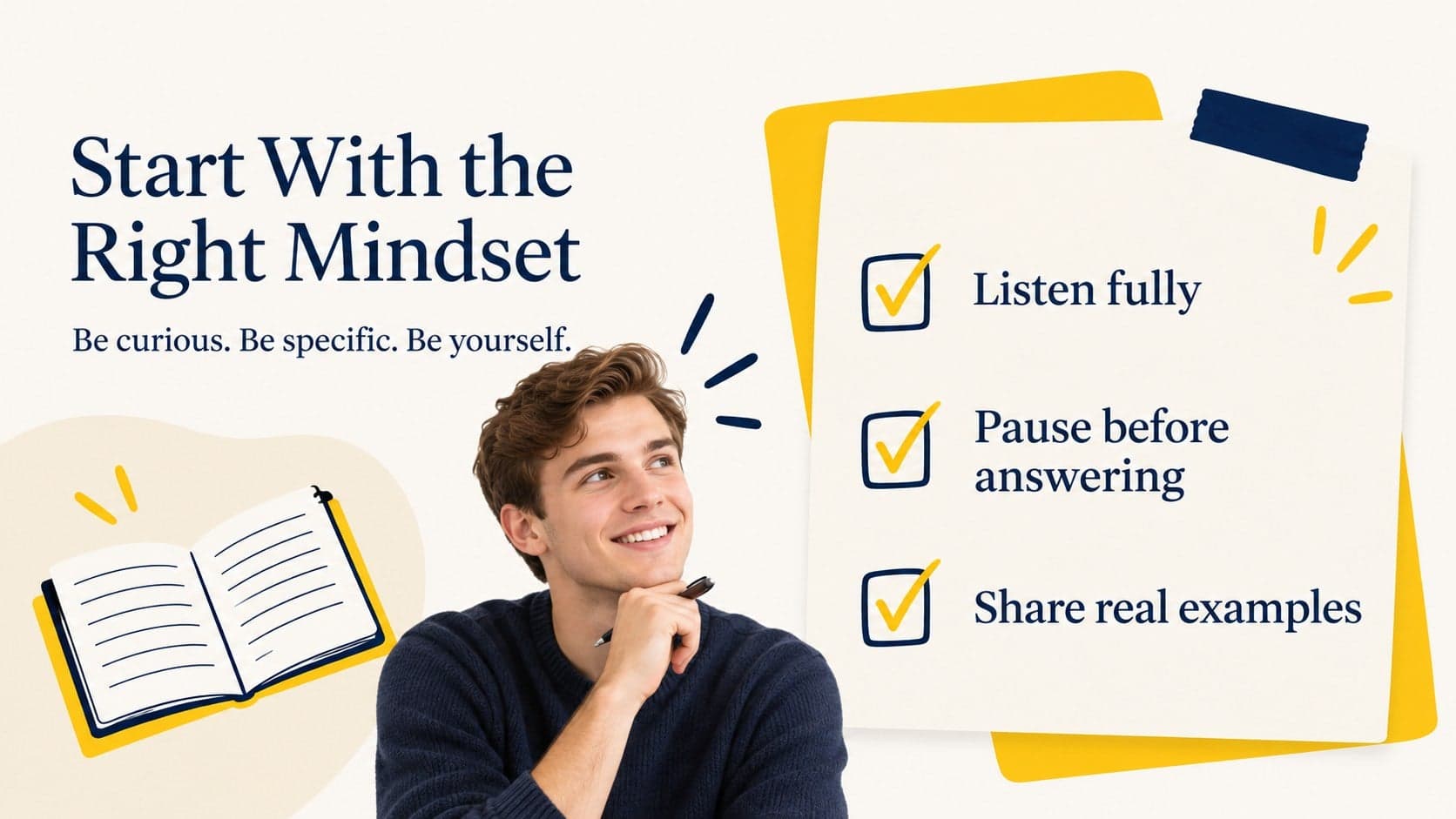 Student mindset checklist for college admissions interviews in an illustrated beige and blue slide.