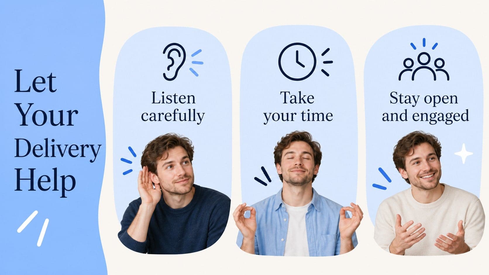 Interview communication tips slide about listening, pacing, and confident body language.