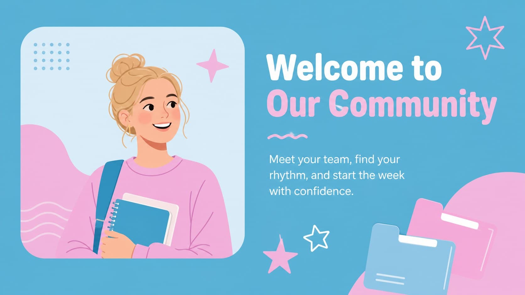 Welcome message layout introducing students to a school community with bright illustrated accents.