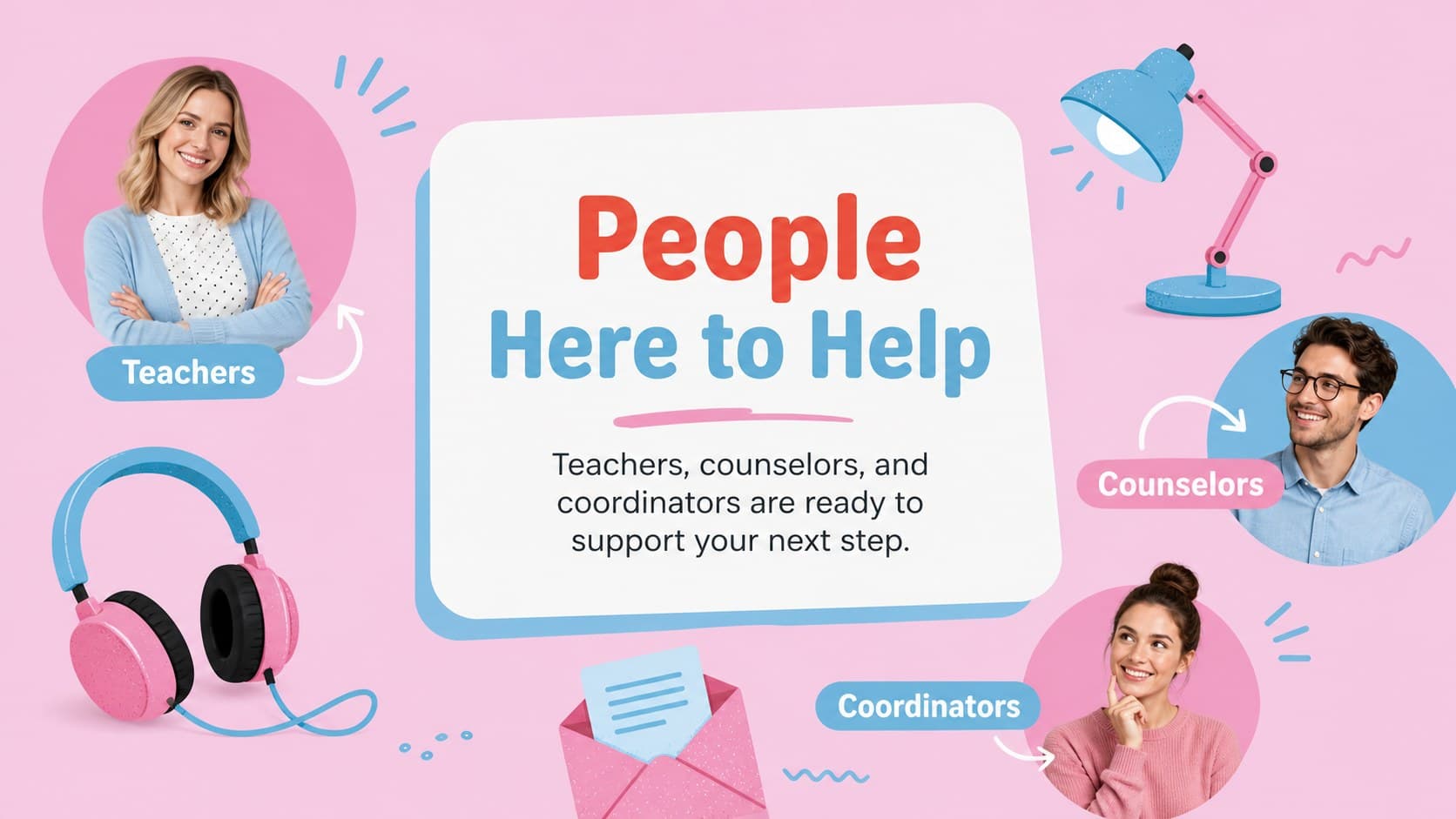 Staff introduction slide featuring illustrated roles and contact guidance for students.