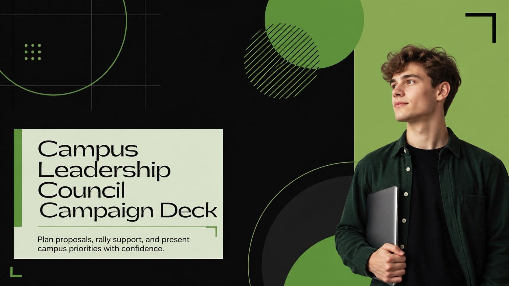 Cover of the Campus Leadership Council Campaign Deck with bold green and black geometric shapes.
