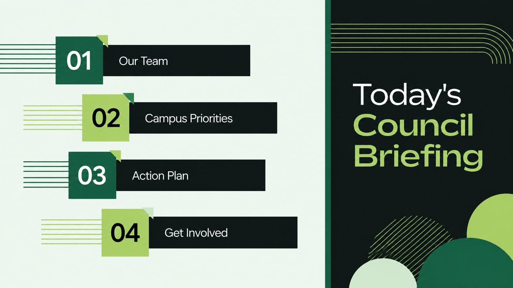 Geometric student government election presentation agenda with four campaign sections.