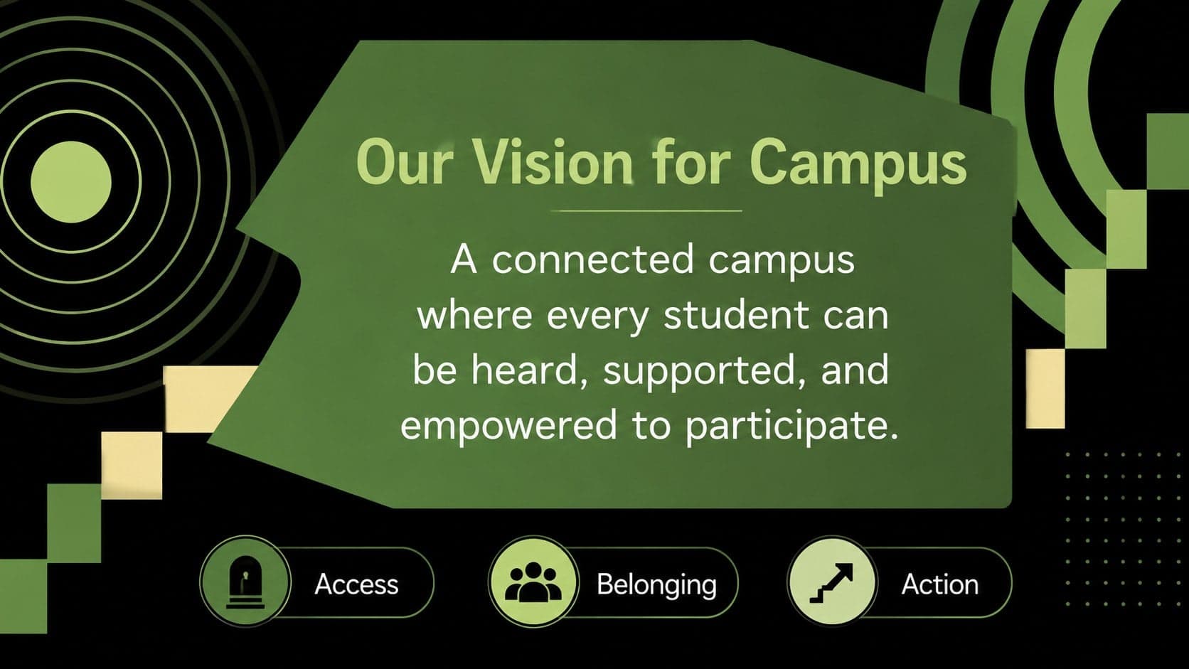 University leadership proposal template slide outlining an inclusive campus vision.