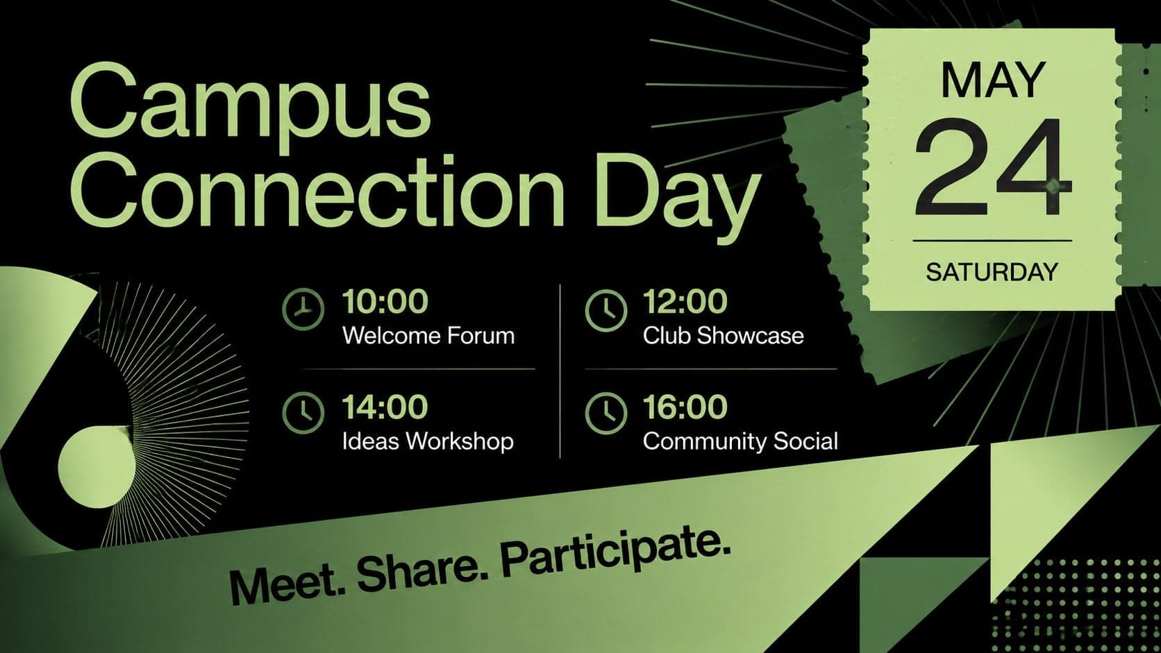 Green and black student government campaign slide detailing a campus event program.