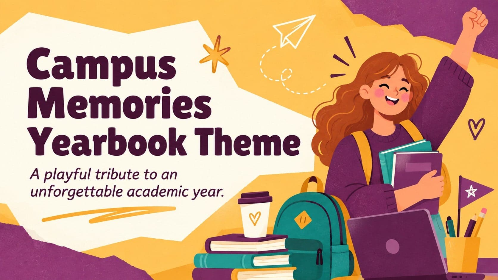 Cover of the Campus Memories Yearbook Theme with playful yellow and purple campus illustrations.