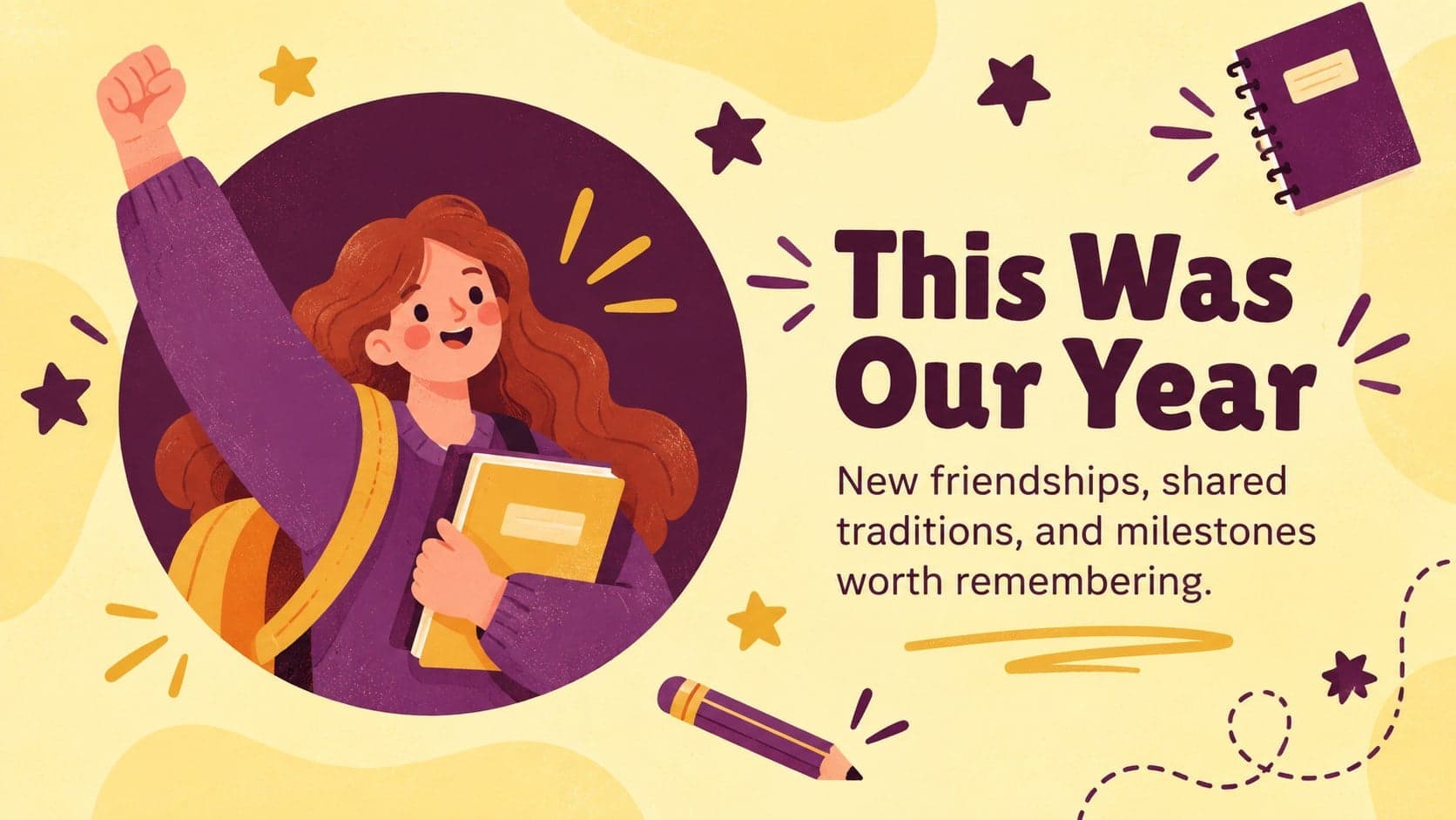 Bright academic year recap slide introducing the campus yearbook story.