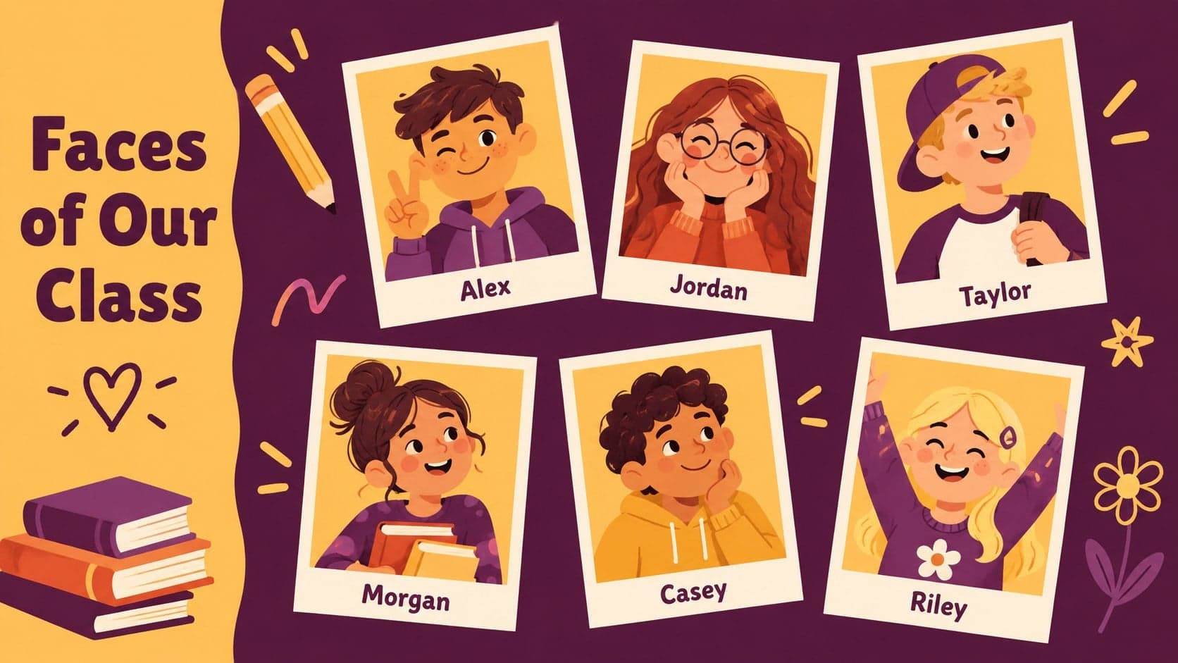 University yearbook portrait gallery featuring student names in a playful illustrated layout.