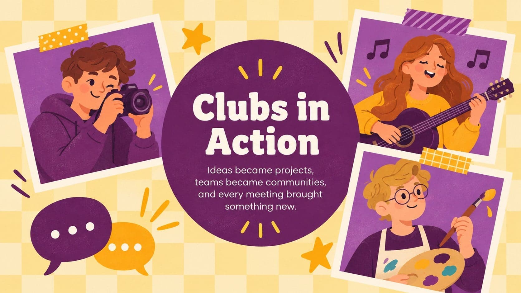 College club highlights presentation slide with photos and illustrated activity icons.
