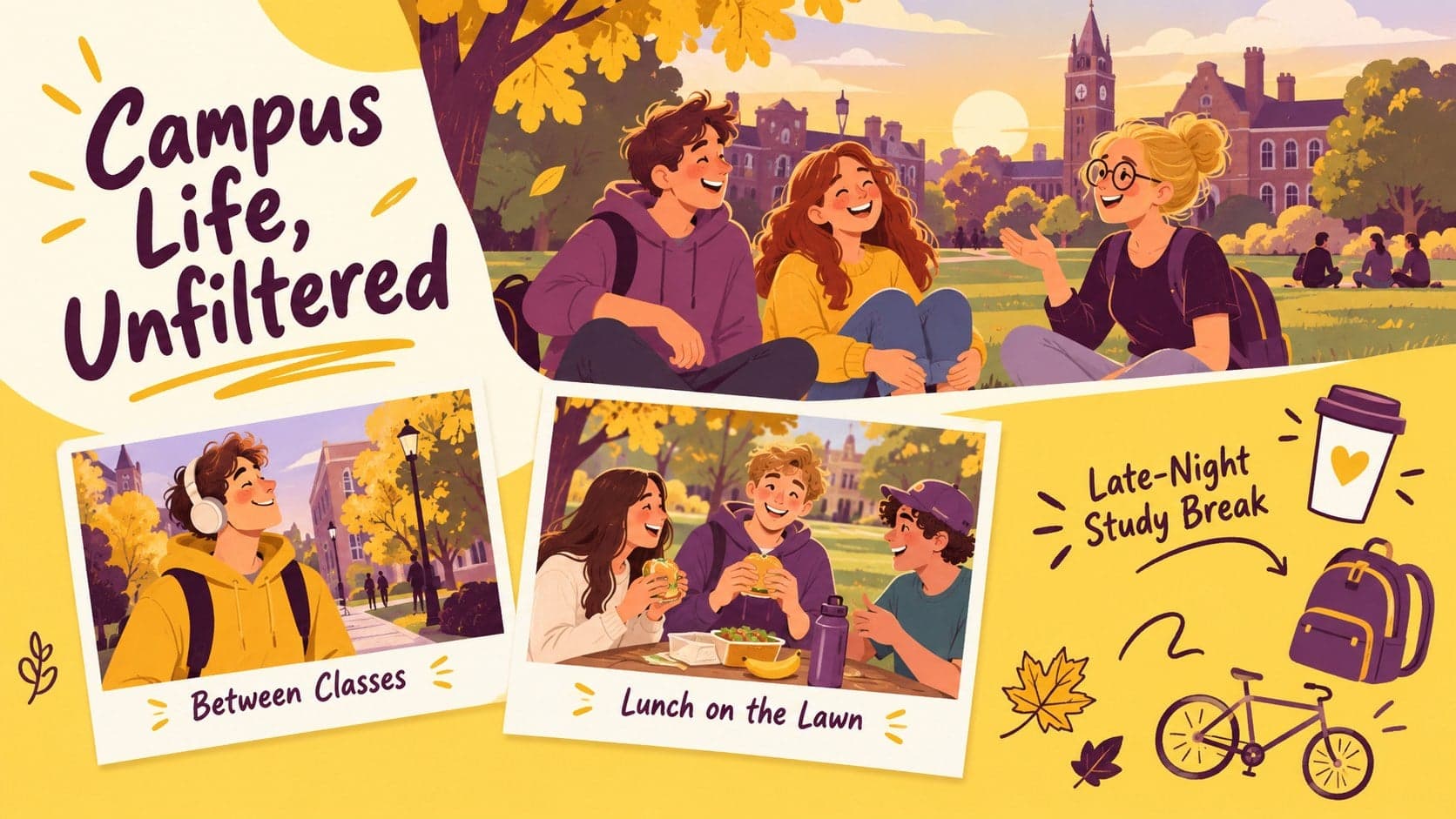 Digital campus yearbook collage showing everyday student life and friendship moments.