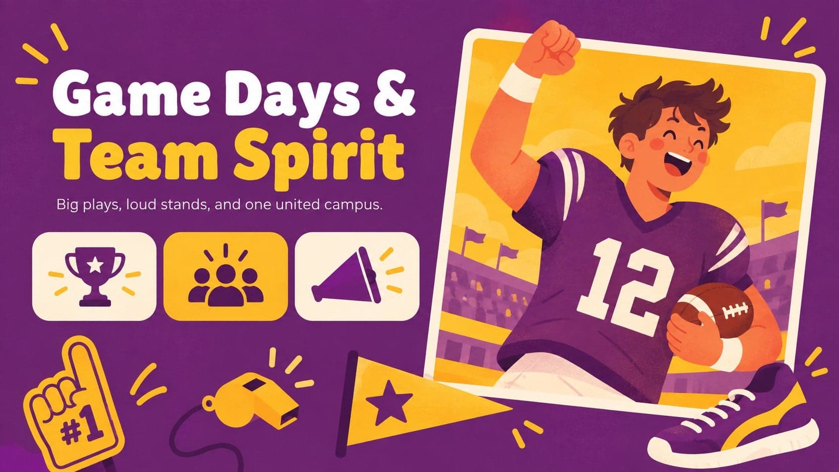 Yellow and purple campus yearbook slide celebrating sports teams and game-day memories.