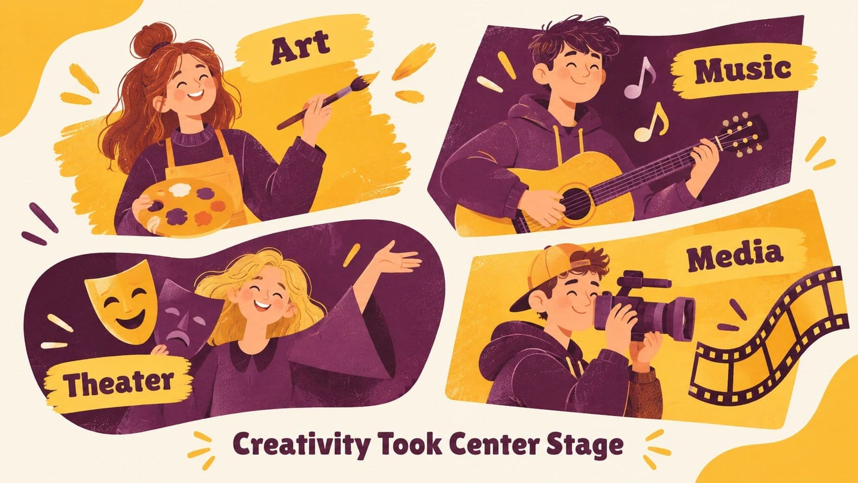 Illustrated student keepsake presentation highlighting art, music, theater, and creative projects.