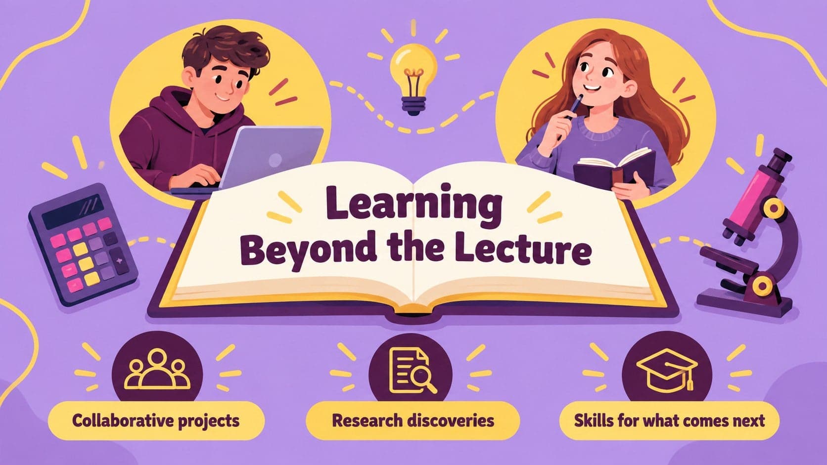 Academic year recap slide featuring classroom projects, study sessions, and learning achievements.