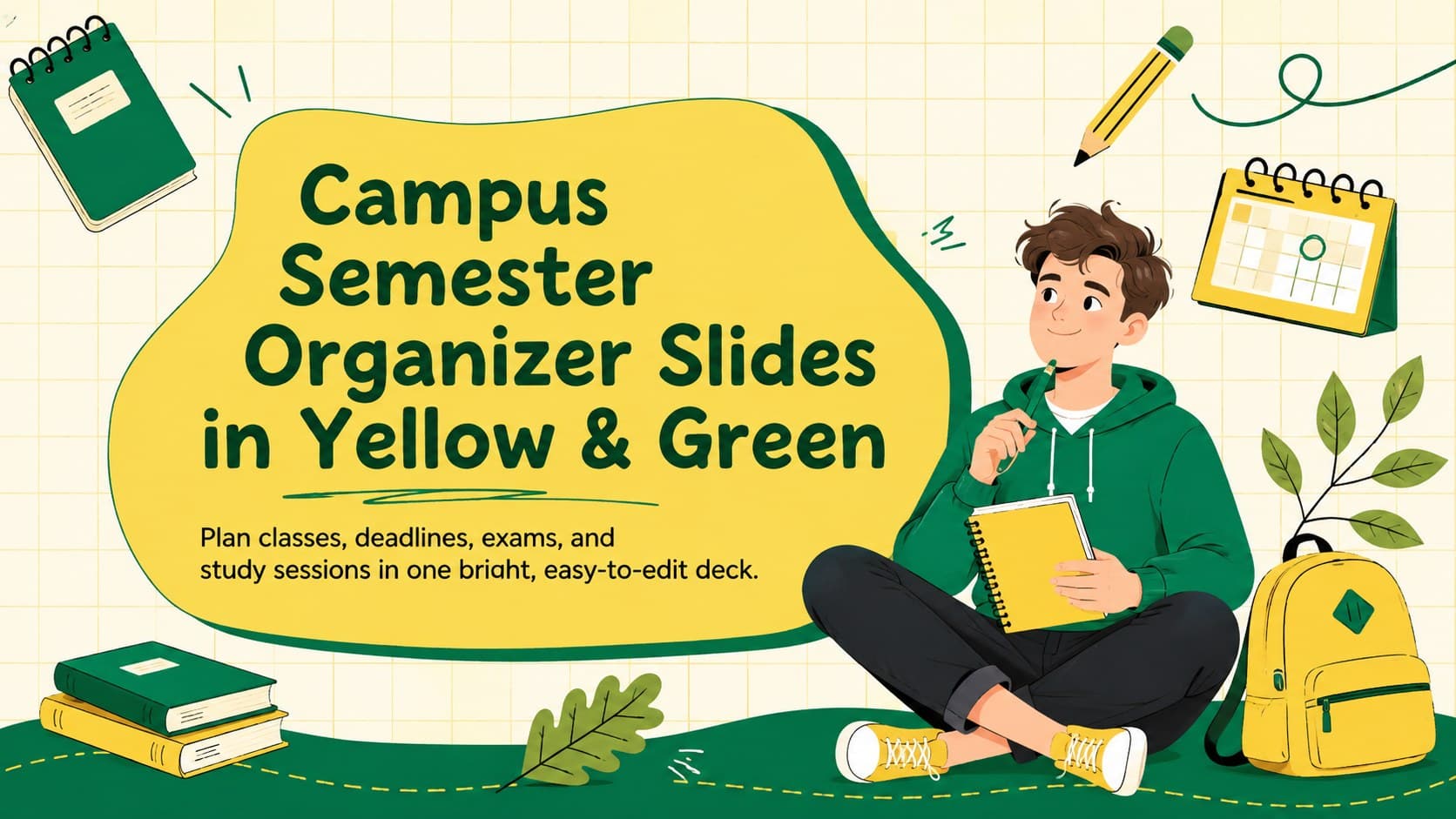Cover for Campus Semester Organizer Slides with yellow and green academic doodles and a cheerful student-planning theme.