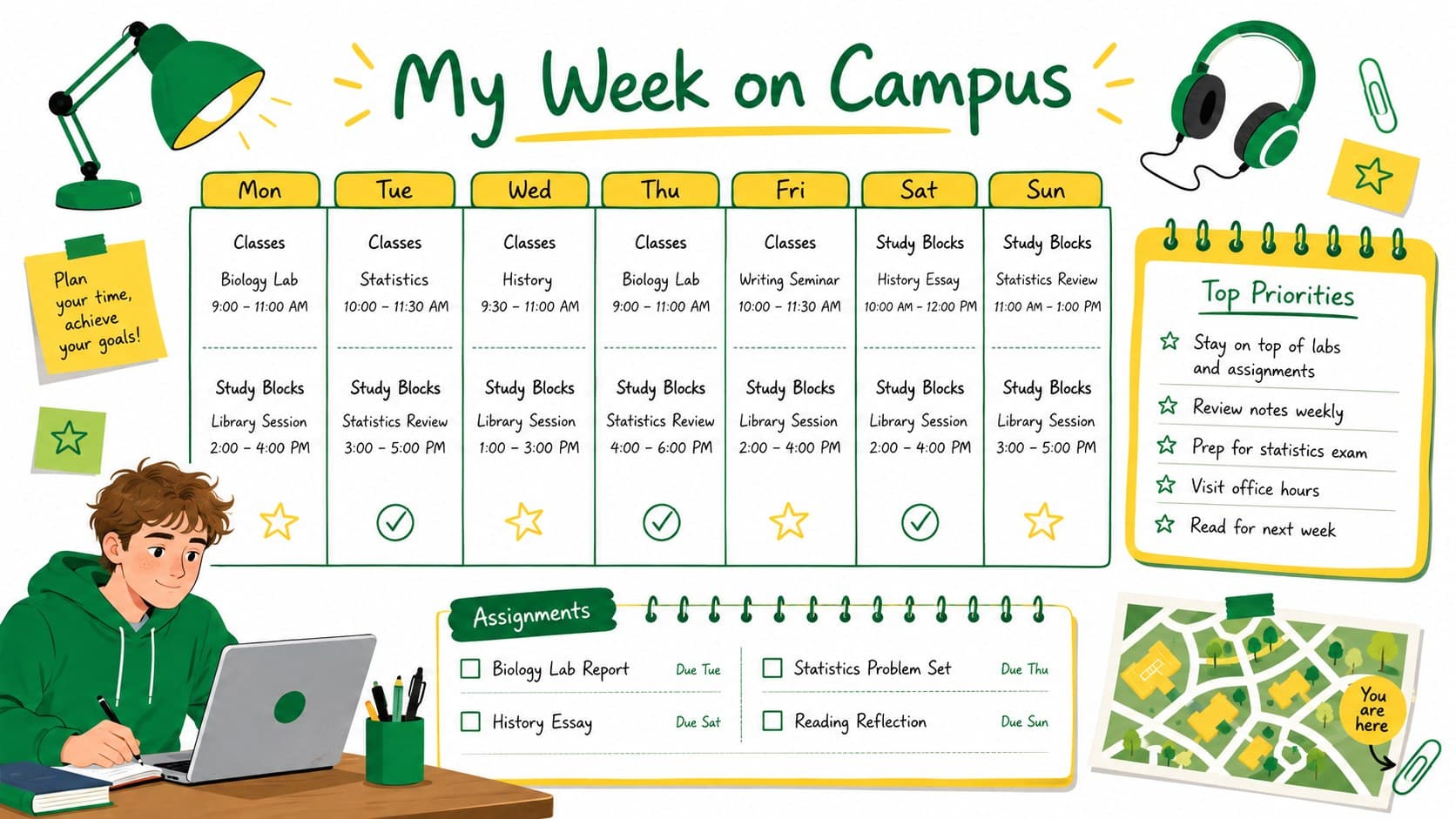 Weekly campus study planner showing a color-coded class timetable, priorities, and assignment checklist.