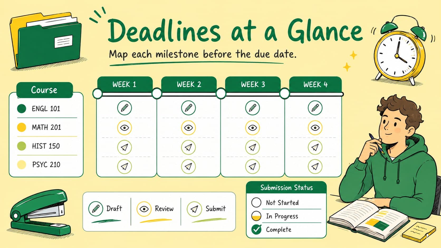 University deadline tracker slide with assignment milestones, due dates, status markers, and yellow-green doodle styling.