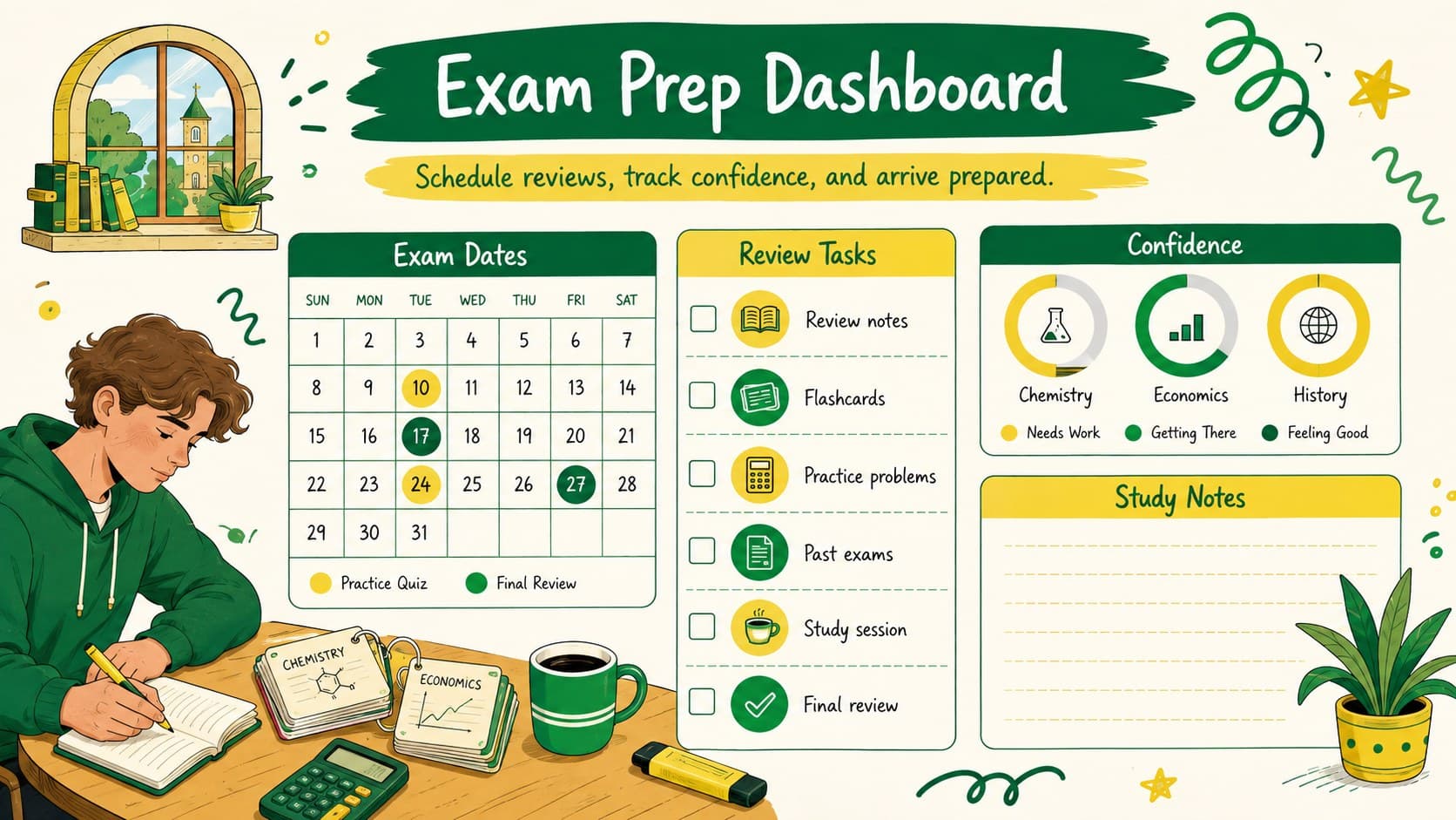 College exam calendar template with test dates, preparation tasks, confidence ratings, and study-session notes.