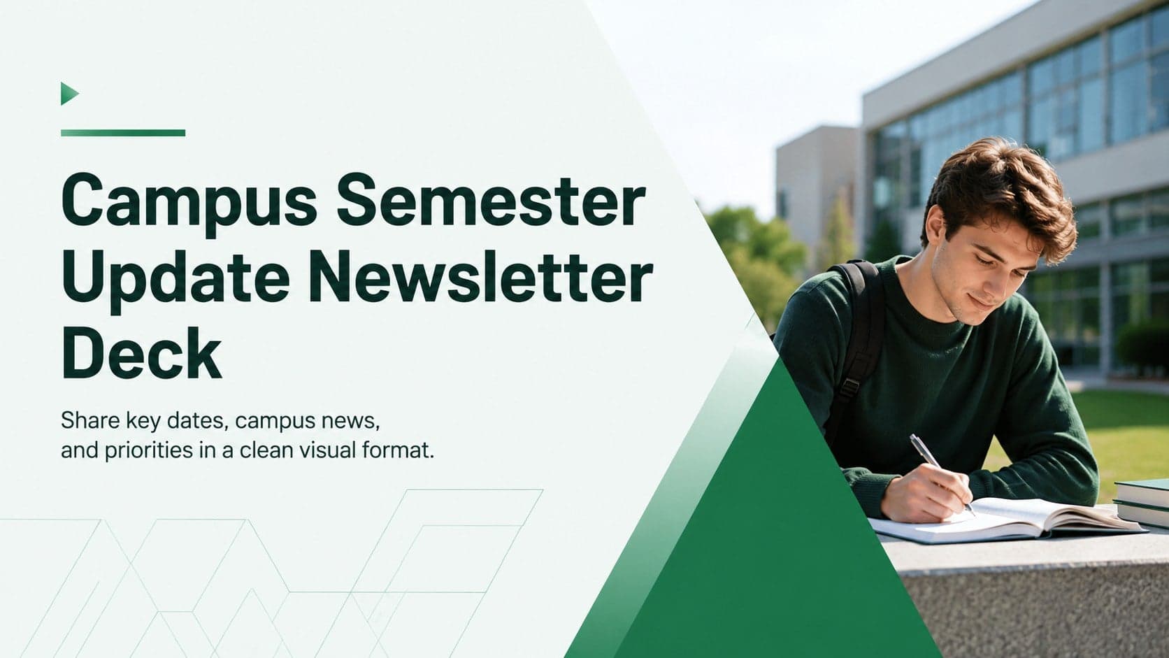 Cover of a green geometric campus semester update newsletter deck with a modern academic layout.