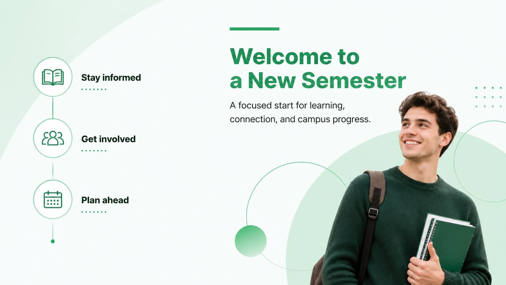 Welcome layout from a university newsletter presentation featuring semester goals and a green geometric design.