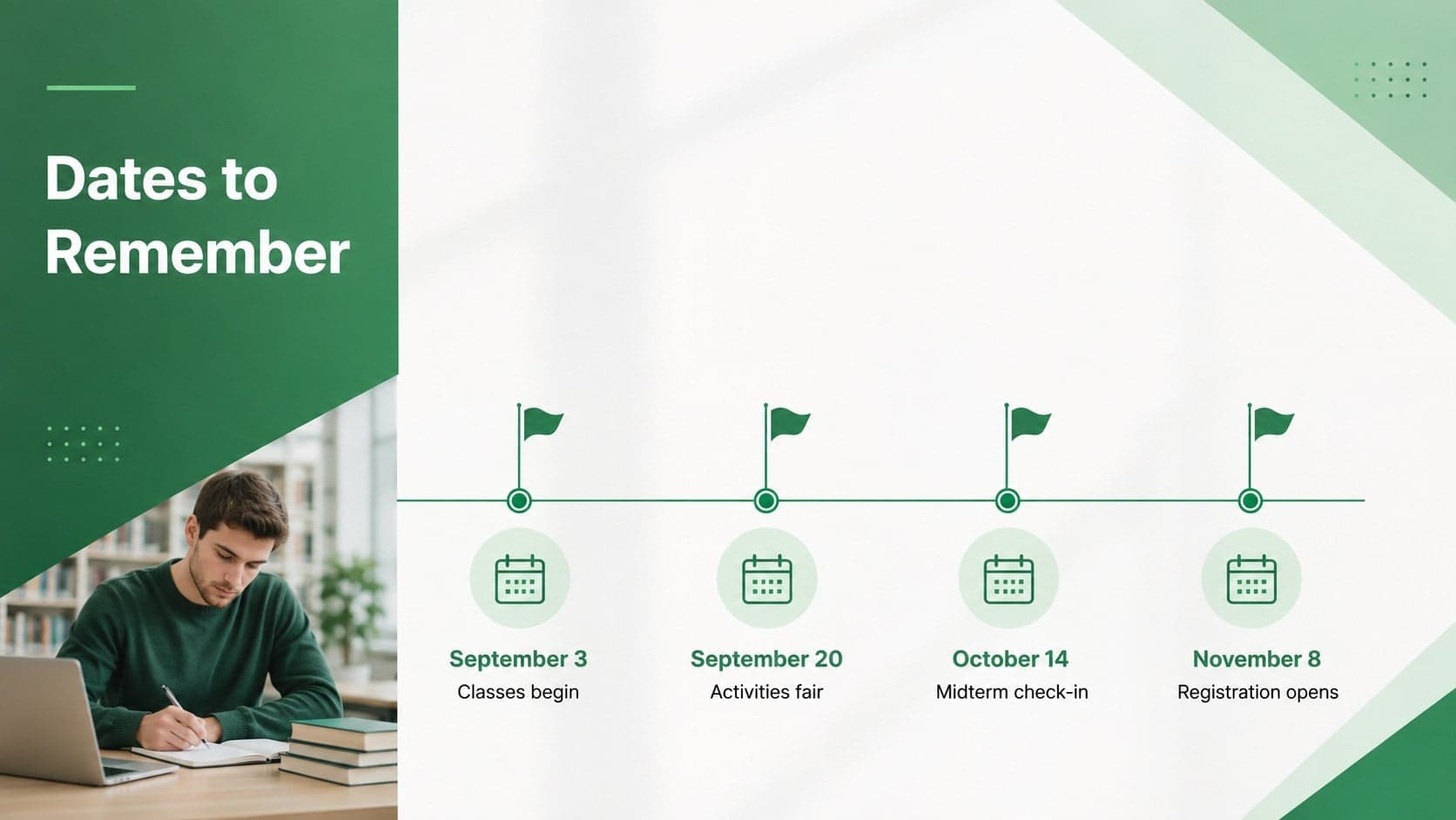Important dates slide for an academic year kickoff presentation with a clear semester calendar timeline.