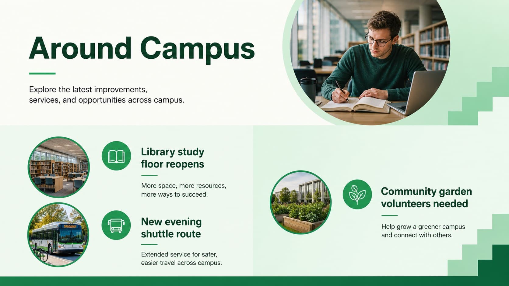 Campus news summary slide with concise announcements in a modern green university newsletter presentation.