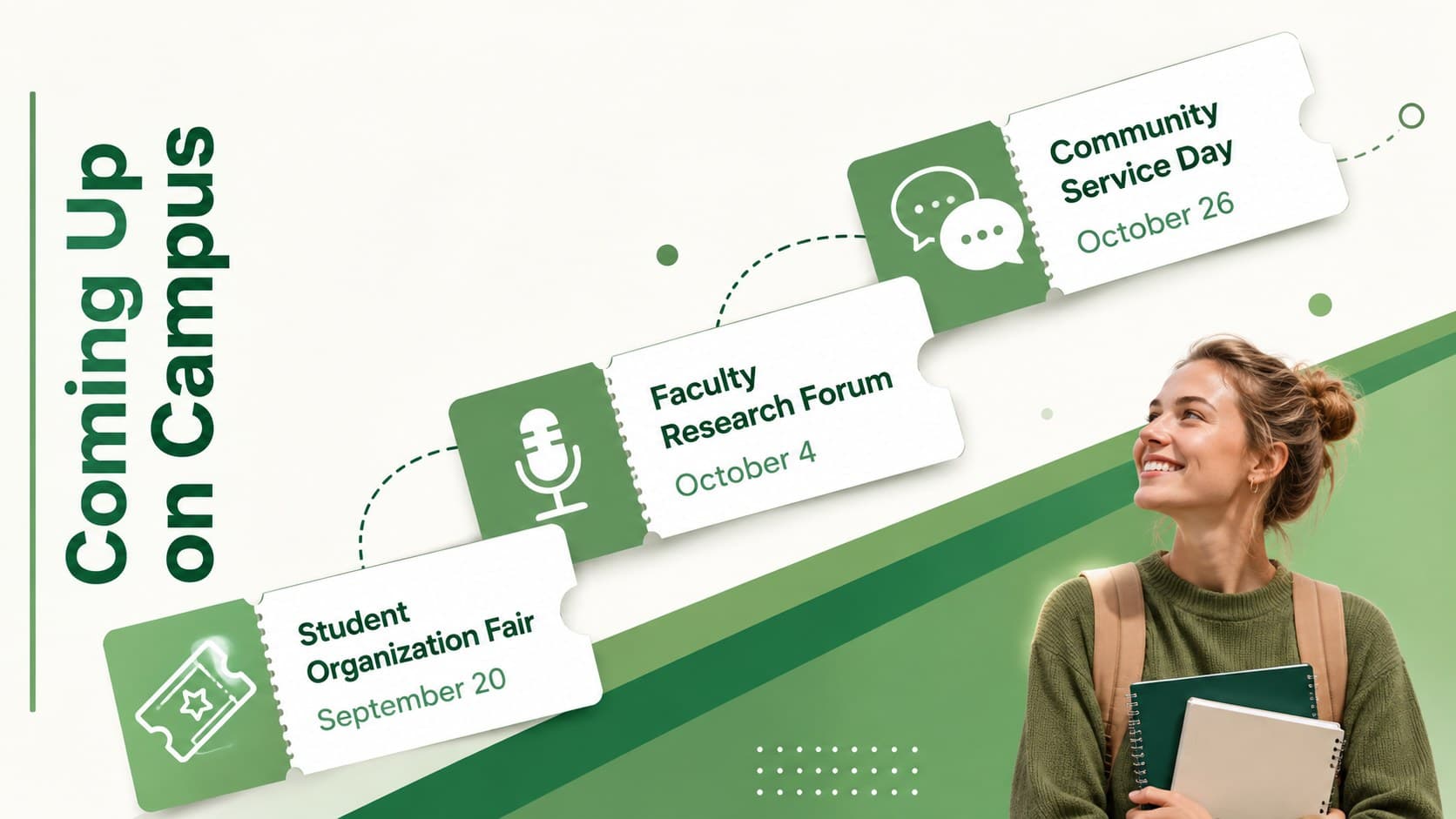 Upcoming campus events schedule in a green semester events presentation template.