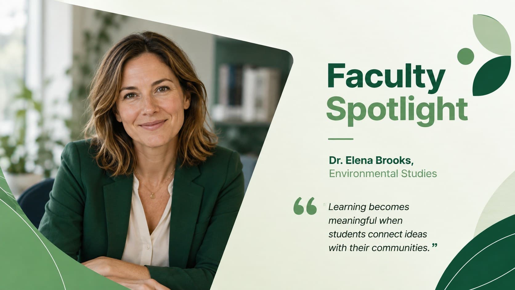 Faculty spotlight slide for a faculty meeting newsletter template with an original portrait layout.