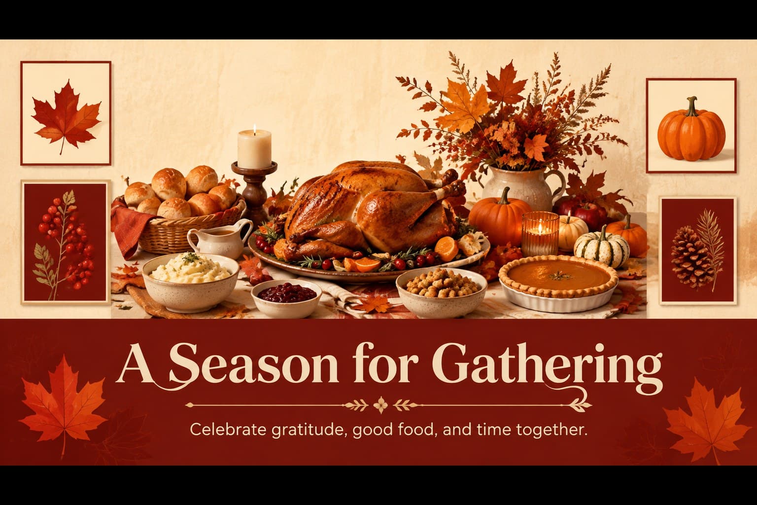 Canadian Thanksgiving overview slide showing a harvest table, seasonal symbols, and space for an event introduction.