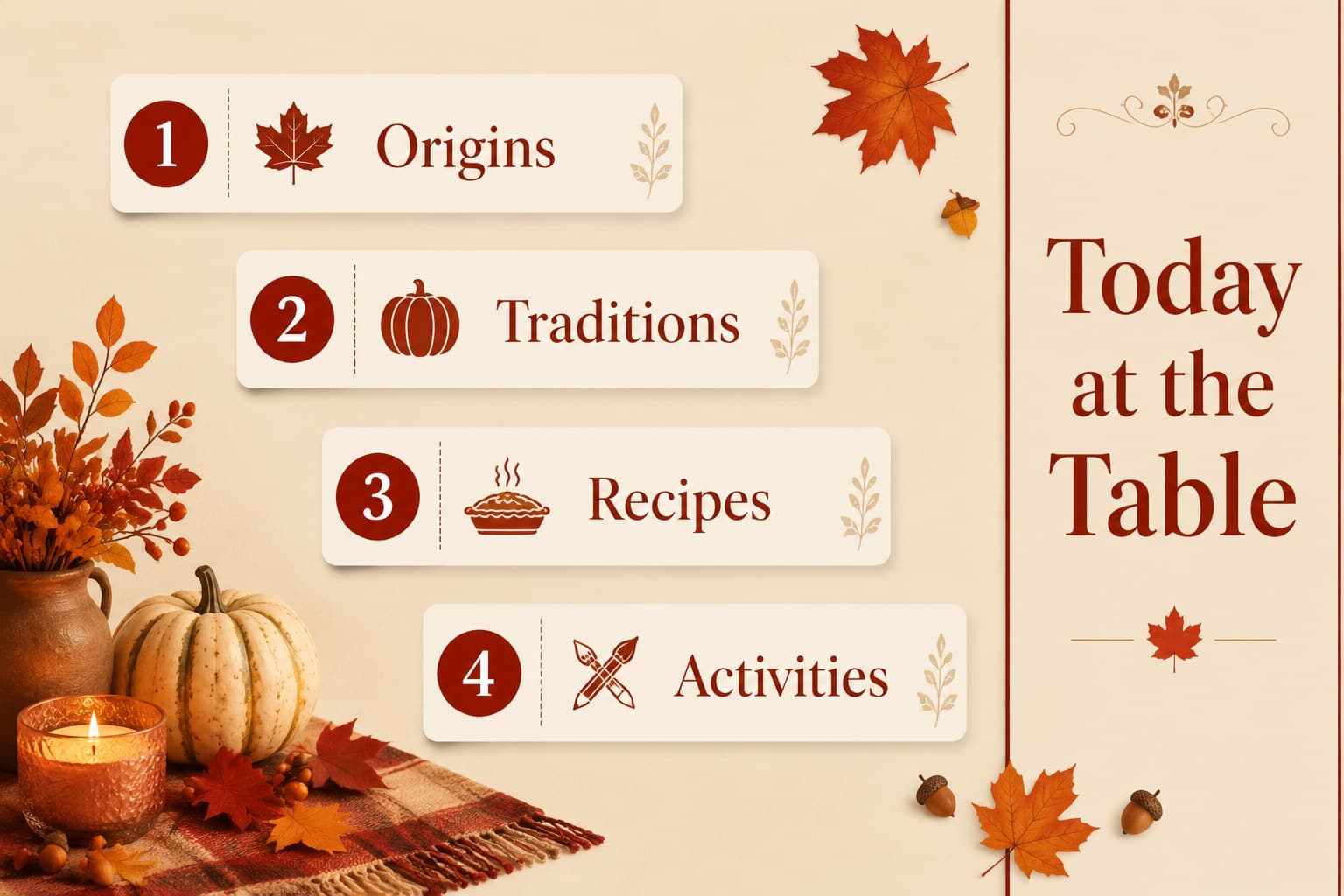 Agenda slide for a Canadian Thanksgiving presentation with illustrated leaves and four seasonal discussion topics.