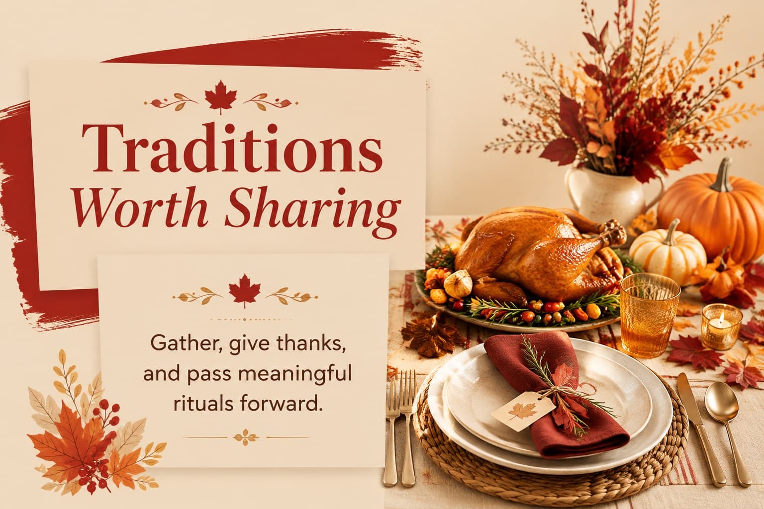 Canadian Thanksgiving traditions slide with illustrated family table elements and a highlighted tradition card.