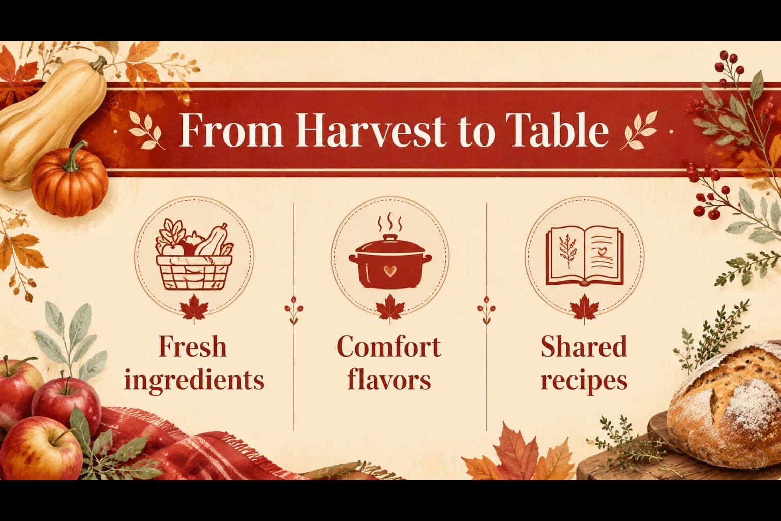 Harvest ingredients slide for a Canadian Thanksgiving recipe slideshow featuring illustrated squash, apples, and herbs.