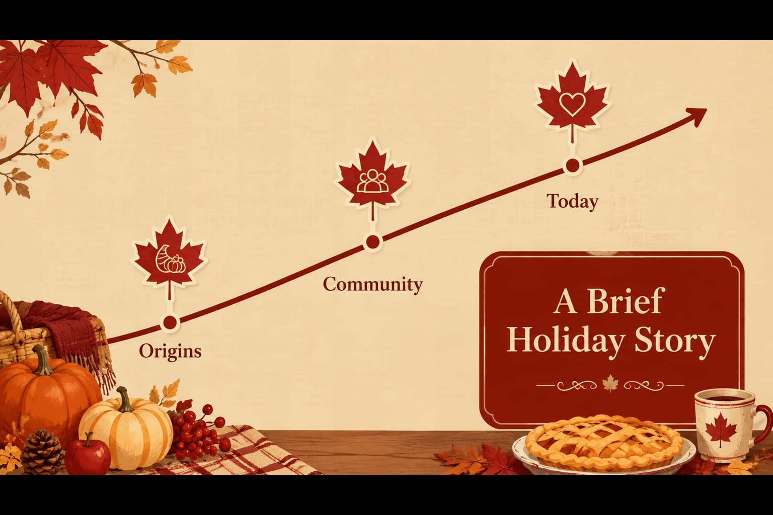 Thanksgiving history slide with a simple illustrated timeline and maple leaf markers.