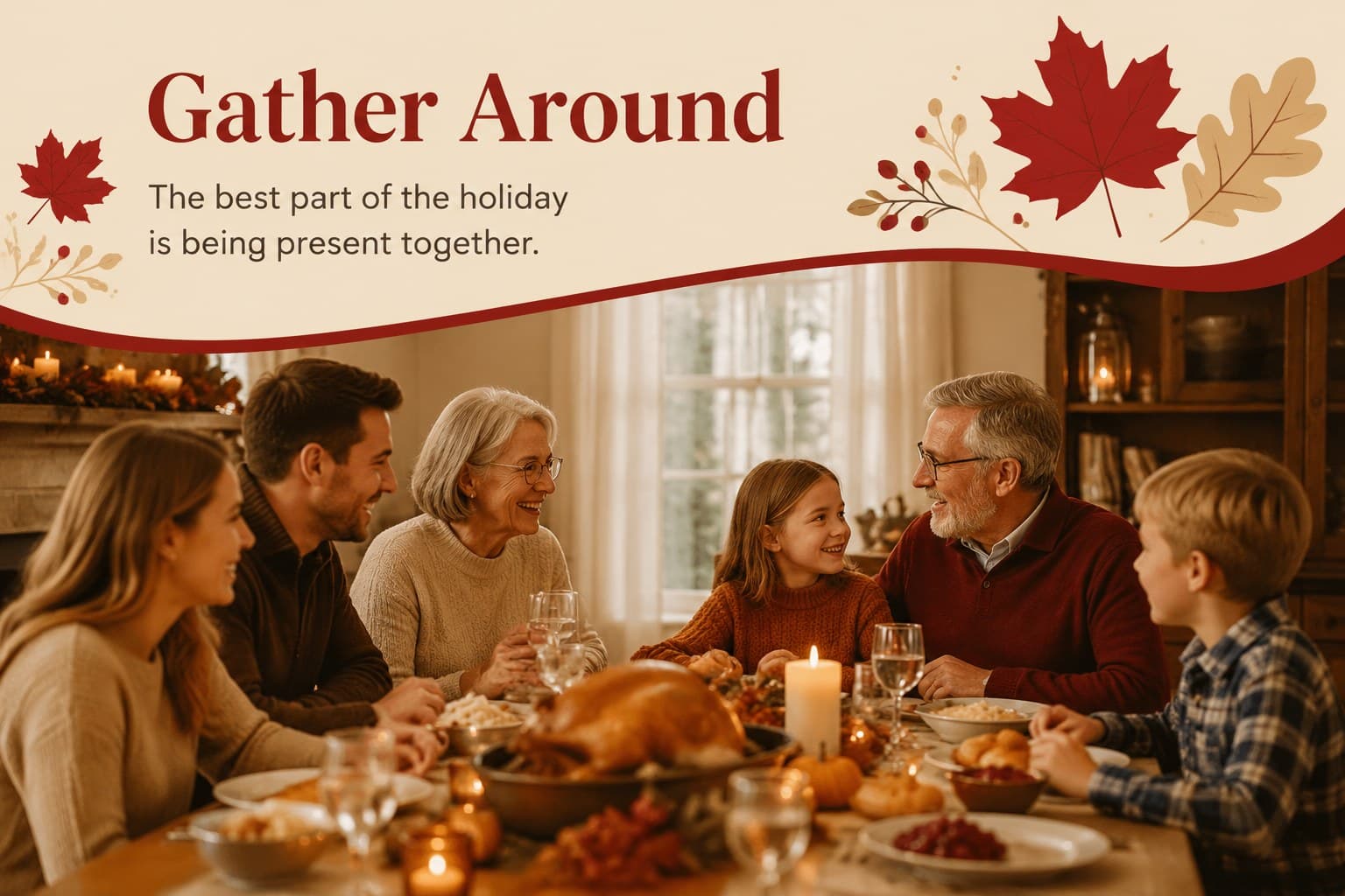 Family gathering slide for Canadian Thanksgiving celebration slides with original illustrated figures around a table.